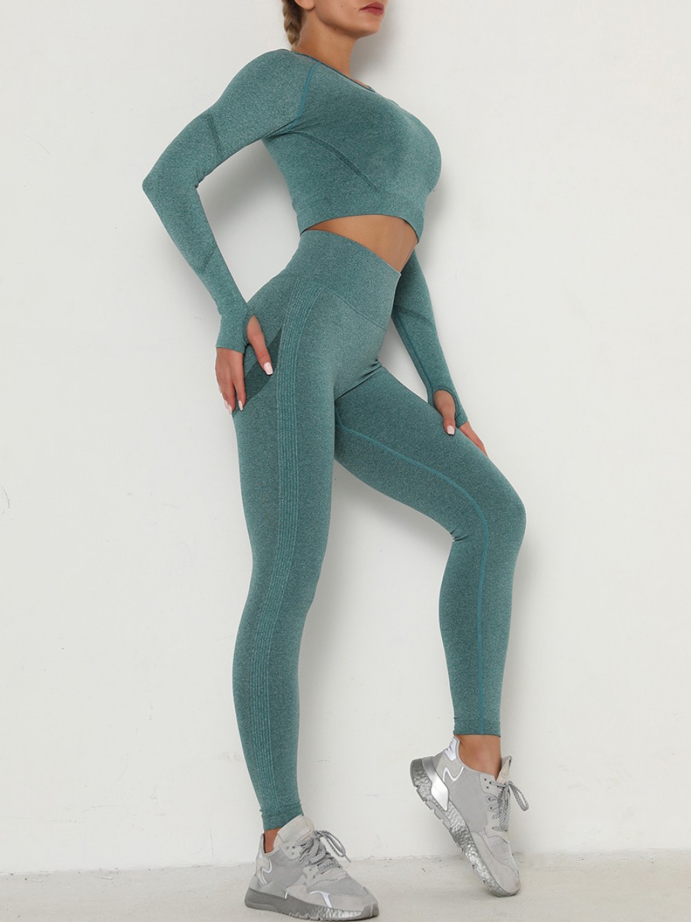 Compression Green Thumbhole Ankle Length Ruched Sweat Suit Refined Outfit