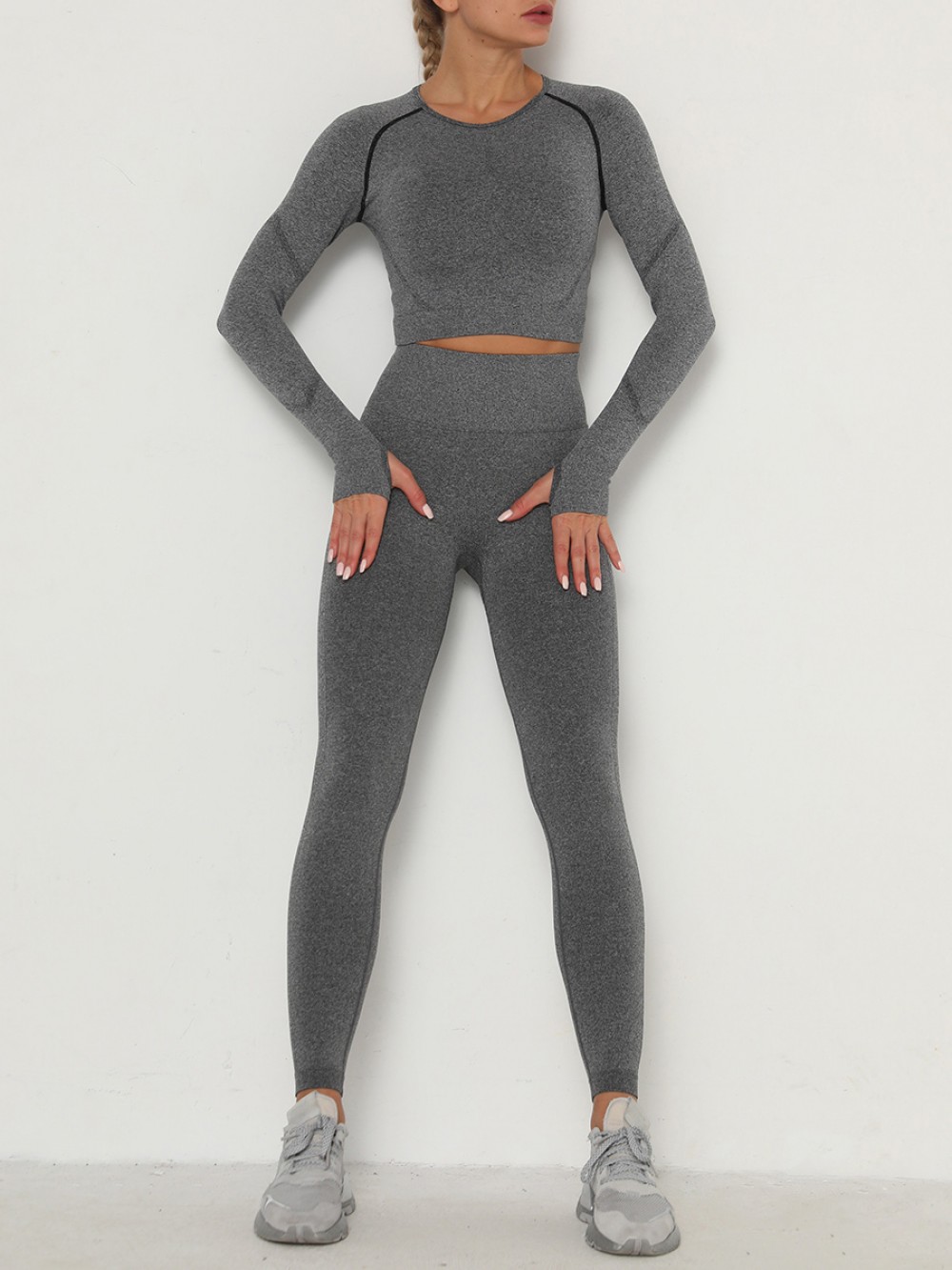 Stretch Dark Gray Sweat Suit Raglan Sleeve High Rise For Female