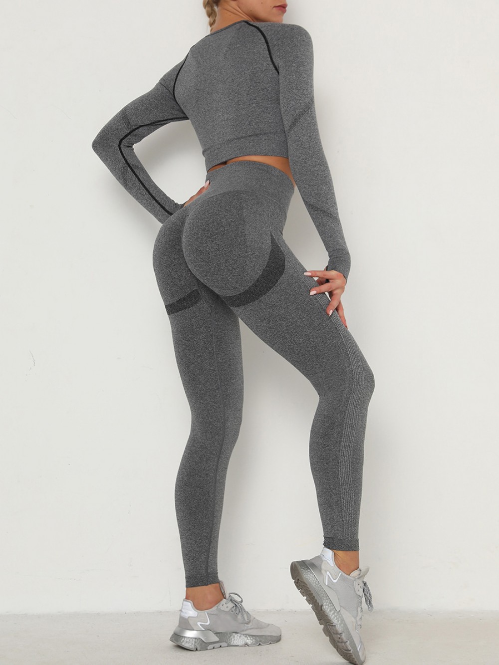 Stretch Dark Gray Sweat Suit Raglan Sleeve High Rise For Female