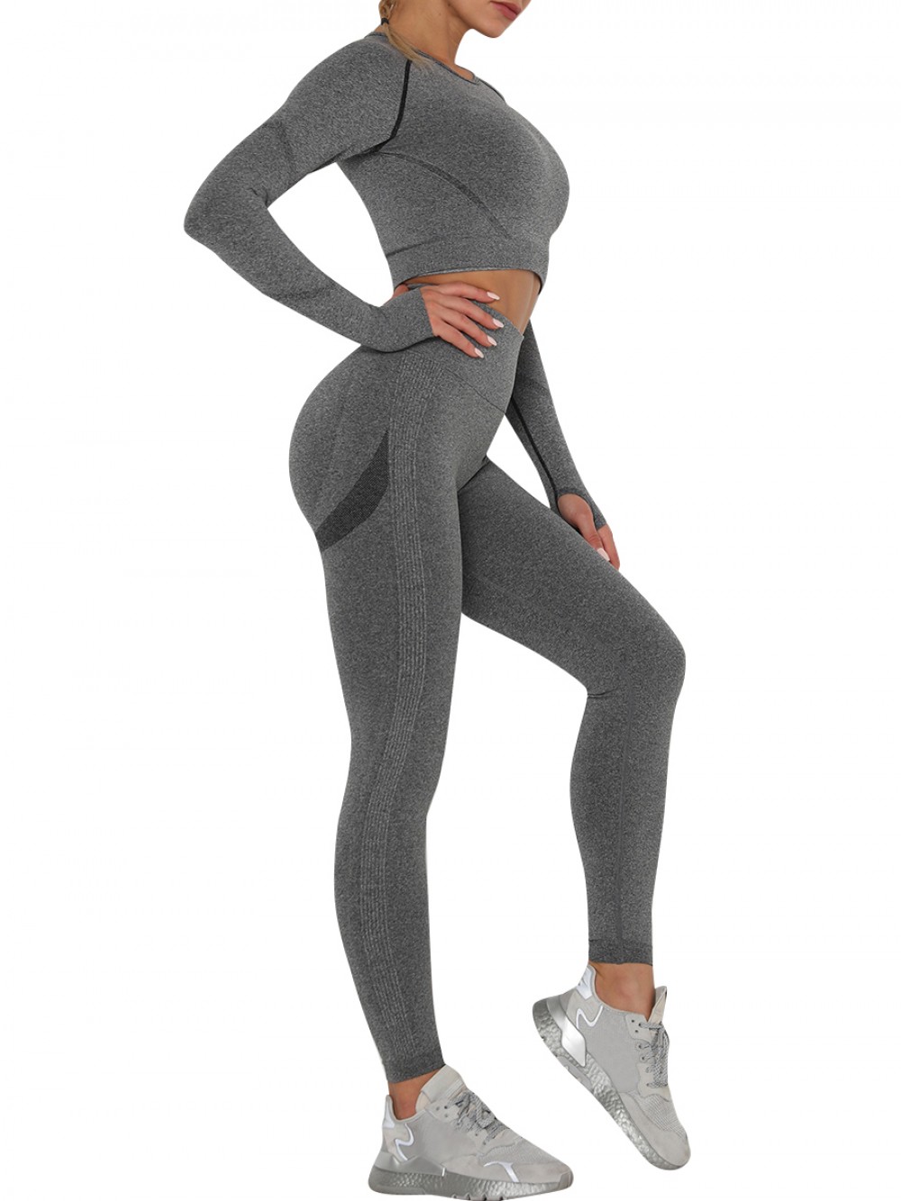 Stretch Dark Gray Sweat Suit Raglan Sleeve High Rise For Female