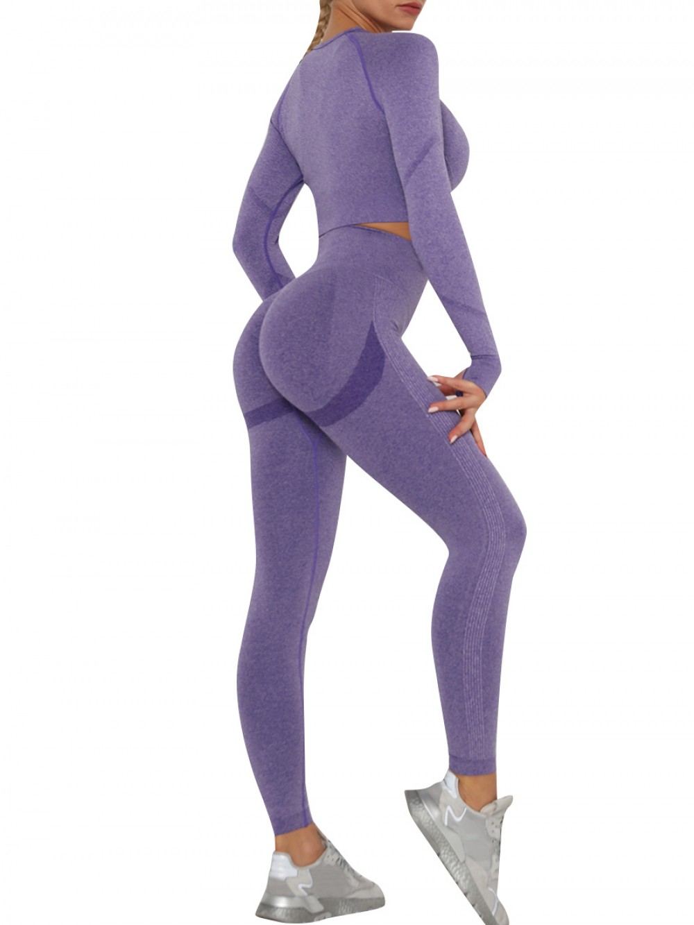 Casual Purple Seamless Knit Wide Waistband Sports Suit Form Fit