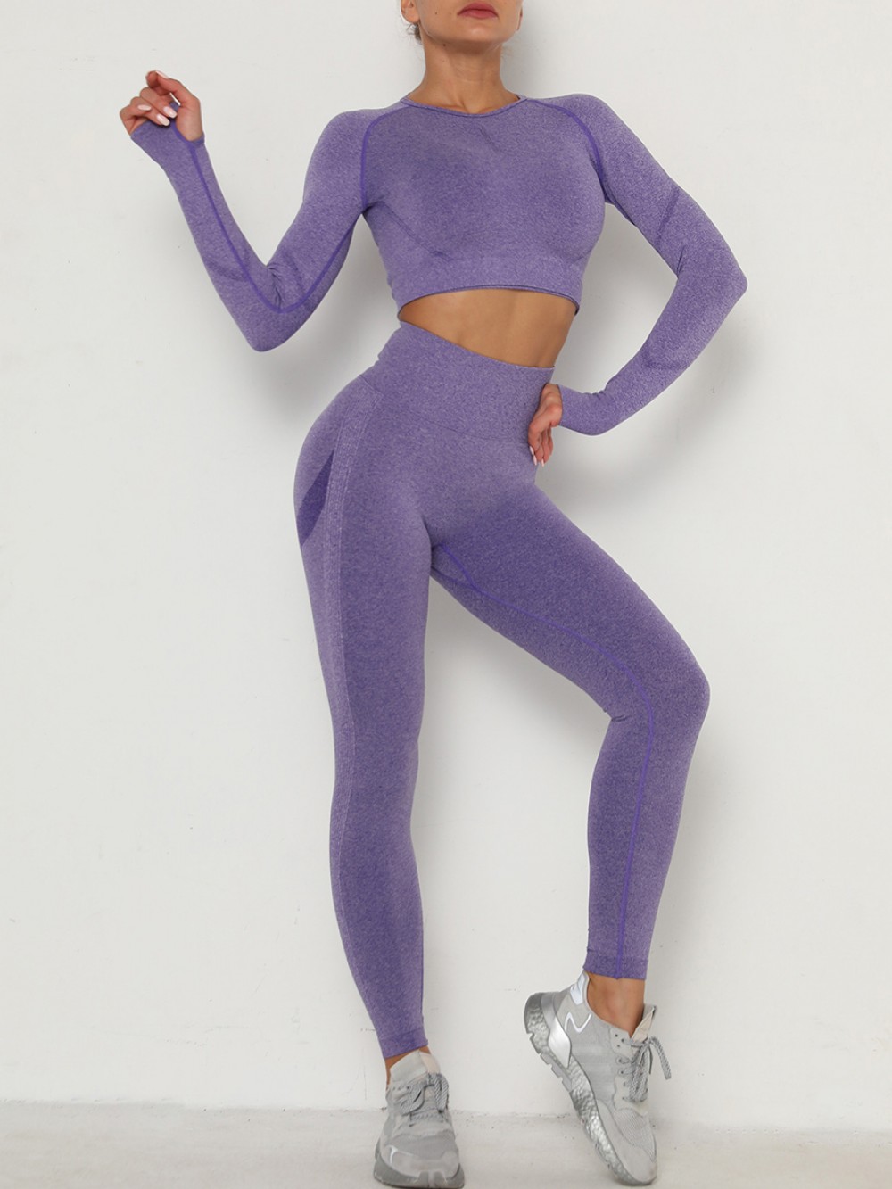 Casual Purple Seamless Knit Wide Waistband Sports Suit Form Fit