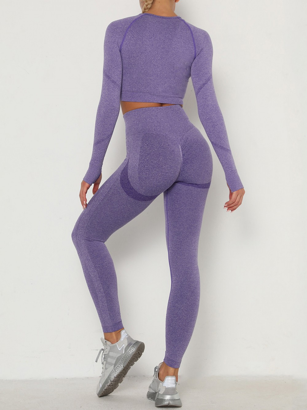 Casual Purple Seamless Knit Wide Waistband Sports Suit Form Fit