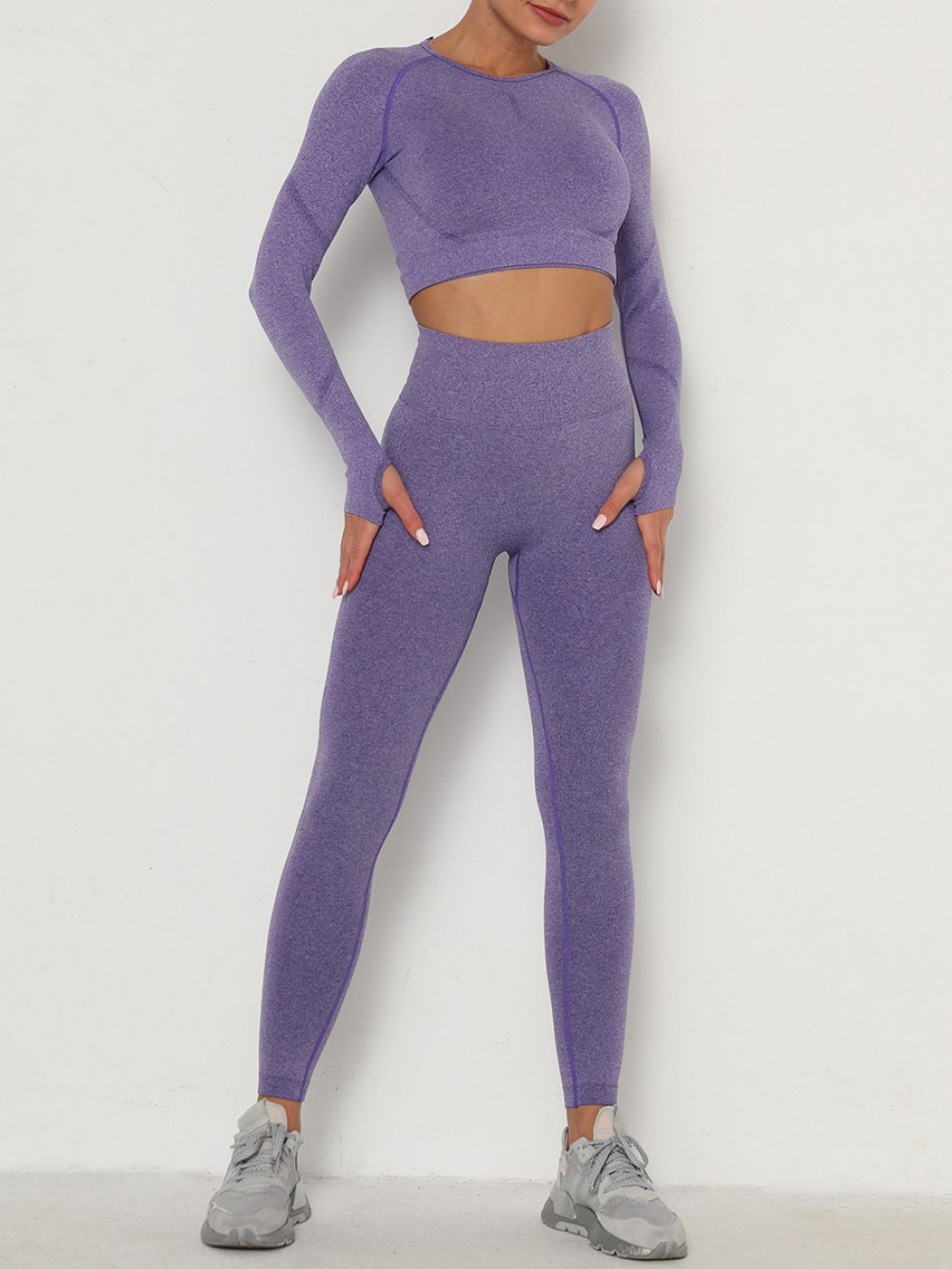 Casual Purple Seamless Knit Wide Waistband Sports Suit Form Fit