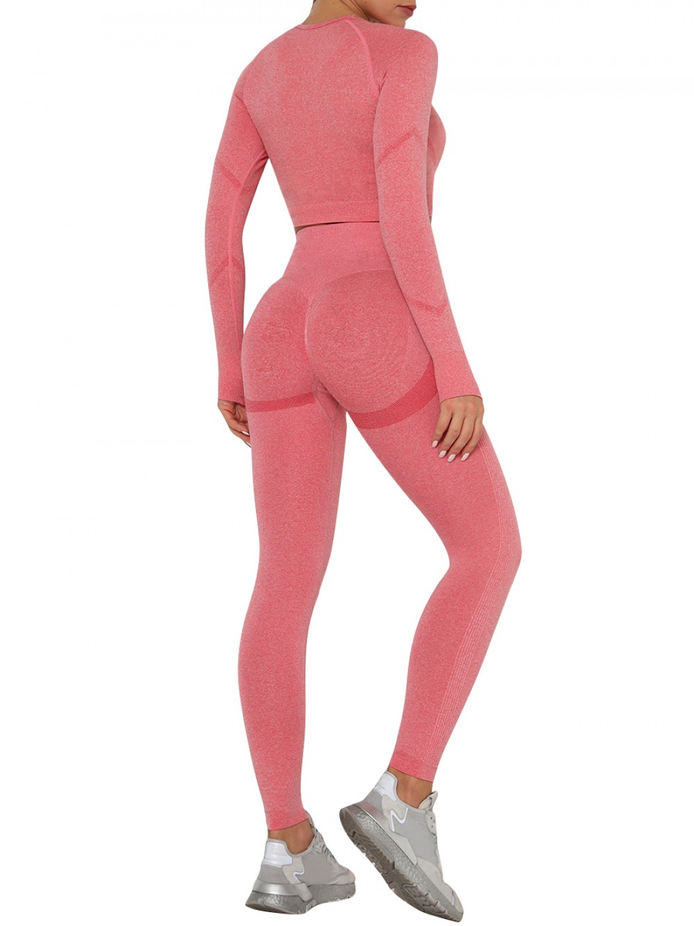 Stylish Watermelon Red Seamless Thumbhole Yoga Suit Full Length Stretchy