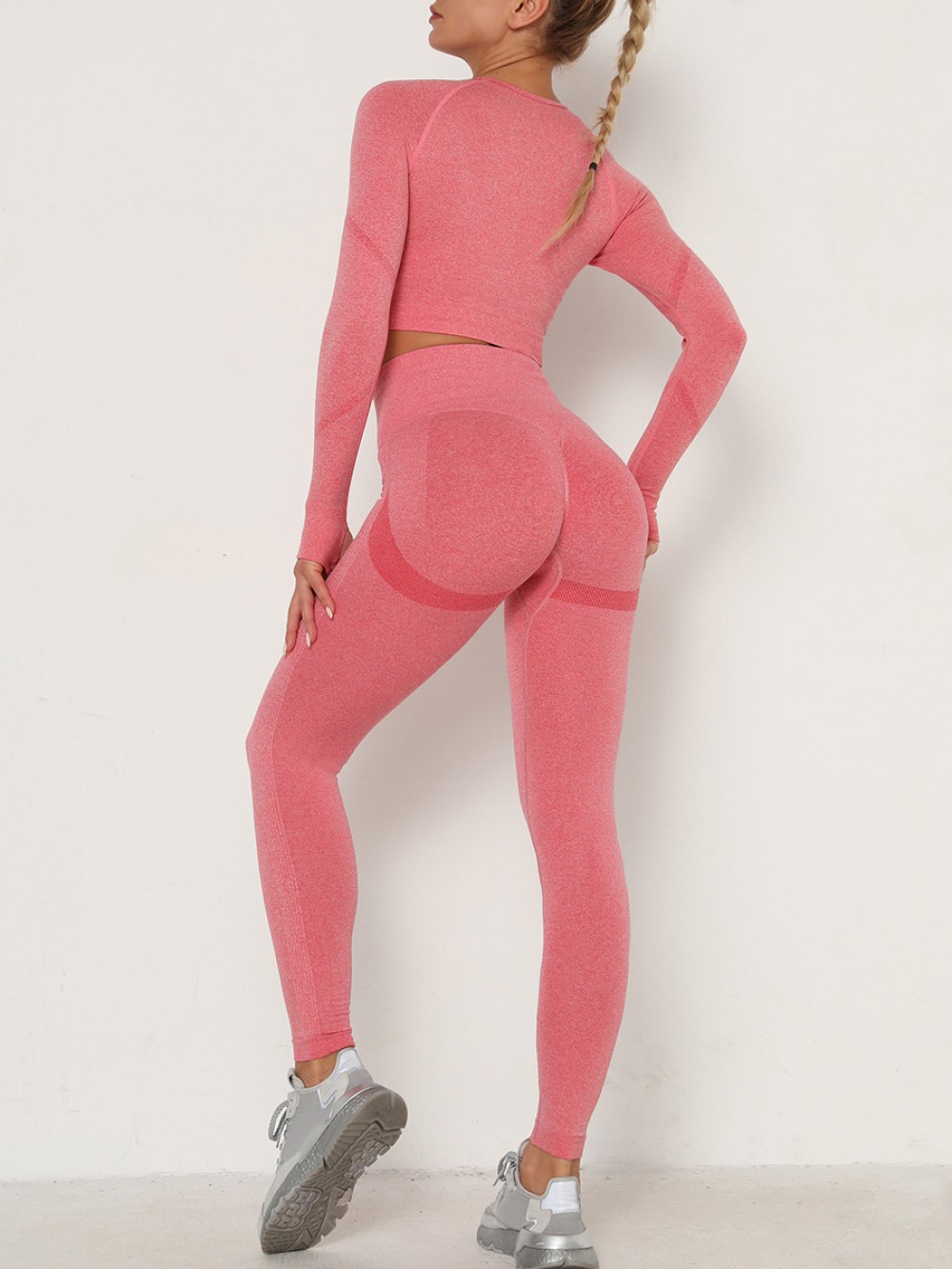 Stylish Watermelon Red Seamless Thumbhole Yoga Suit Full Length Stretchy