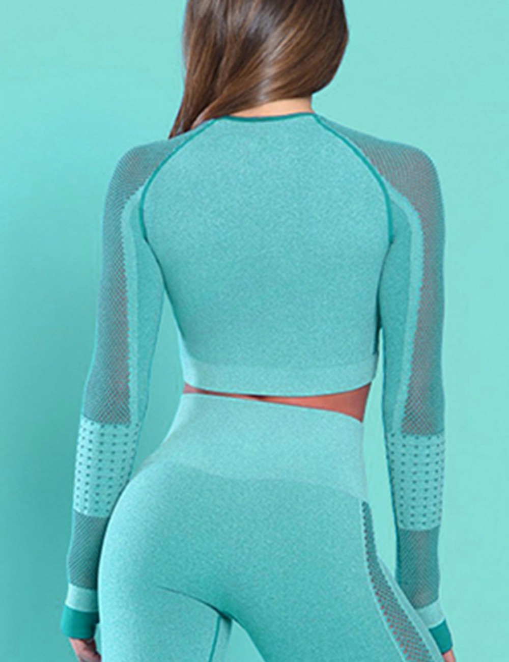 Durable Light Green Solid Color Hollow Out Thumb Hole Sport Top