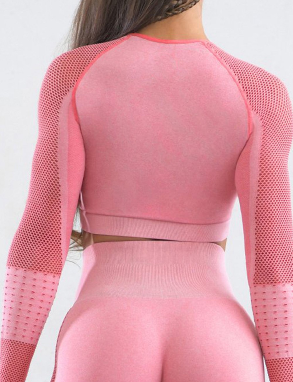 Athletic Light Pink Mesh Patchwork Sport Top Full Sleeve For Warmup