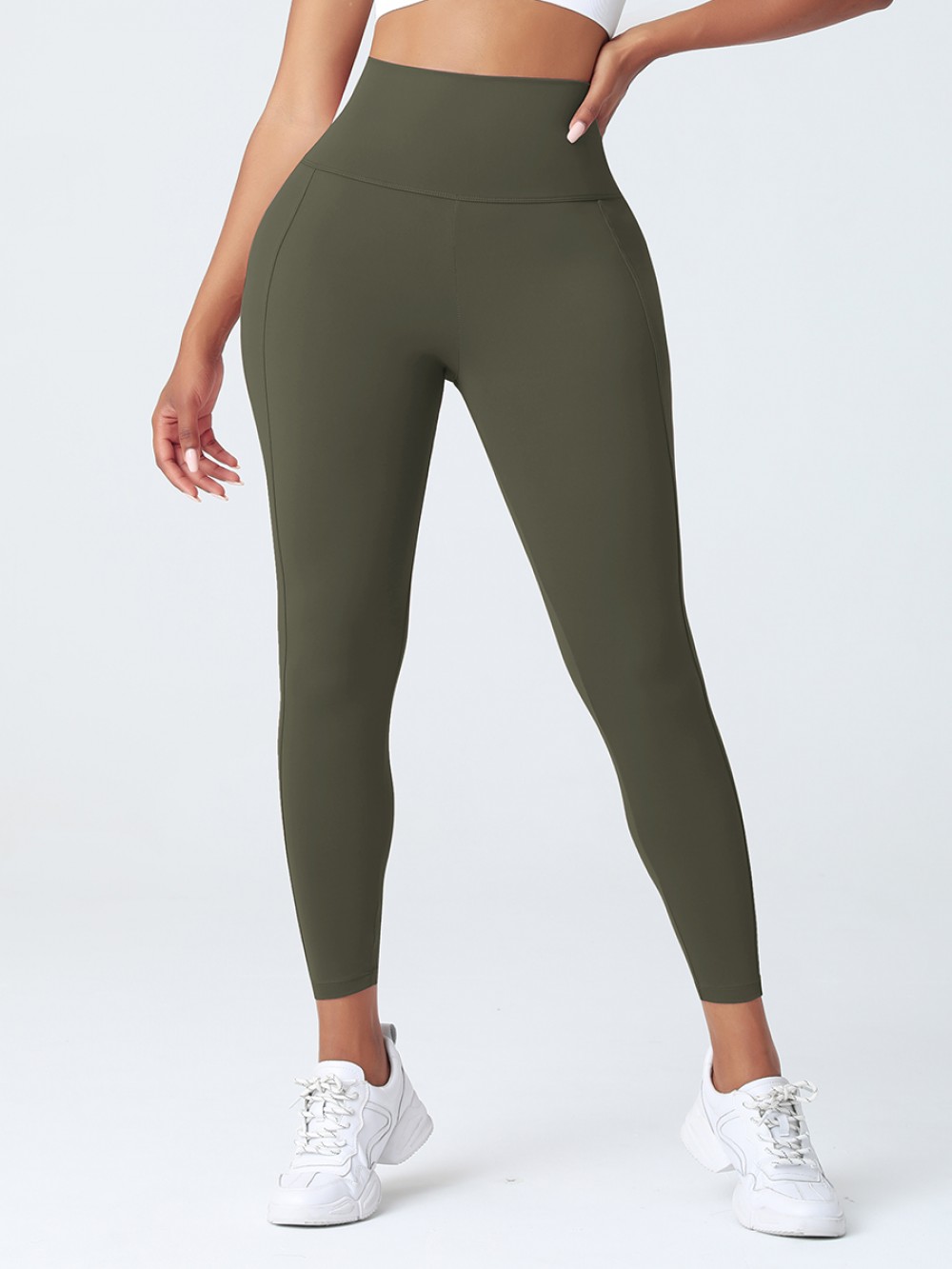 Army Green Wide Wasitband 4-Way Stretch Yoga Pants Nice Quality