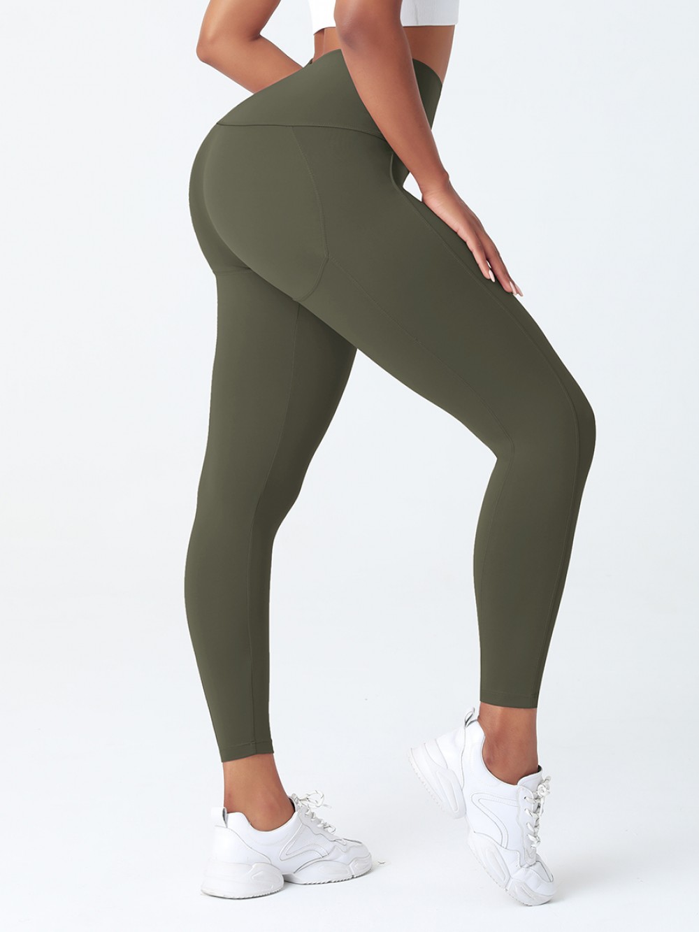 Army Green Wide Wasitband 4-Way Stretch Yoga Pants Nice Quality