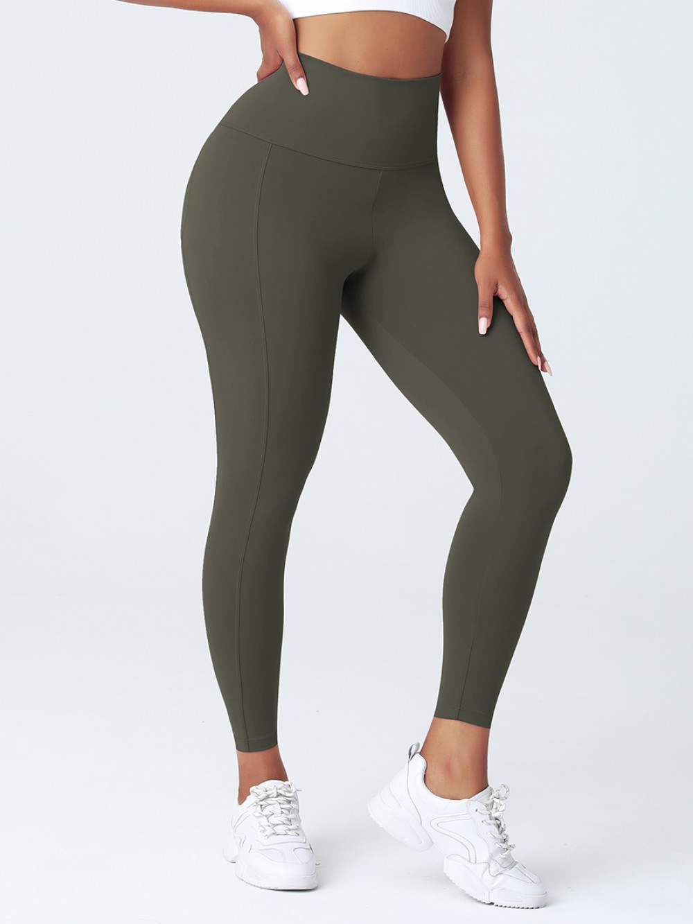 Army Green Wide Wasitband 4-Way Stretch Yoga Pants Nice Quality