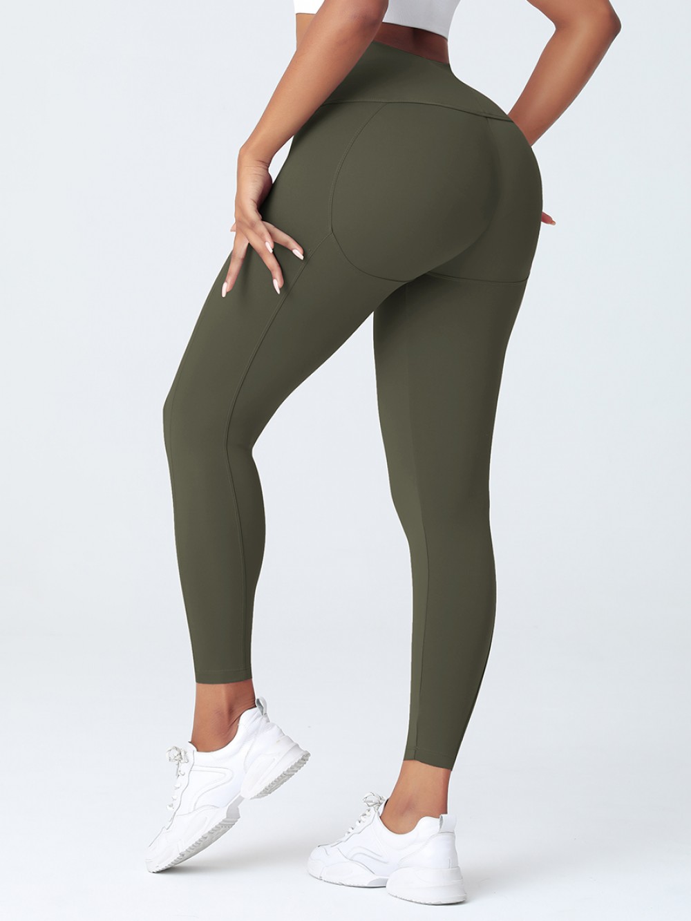 Army Green Wide Wasitband 4-Way Stretch Yoga Pants Nice Quality