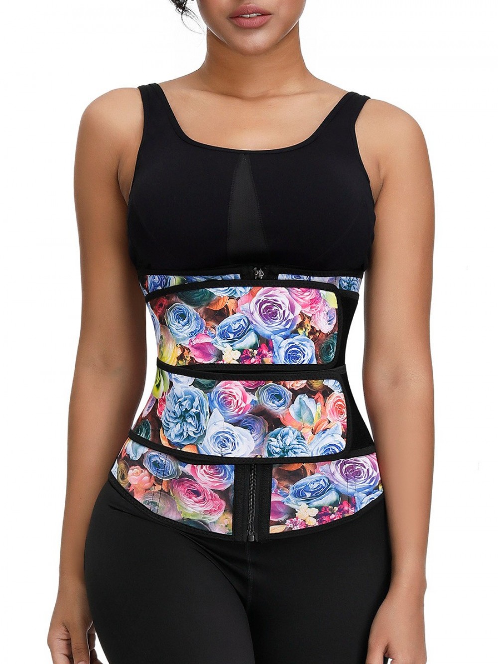 Rose Print Latex Waist Trainer Double Belts Highest Compression