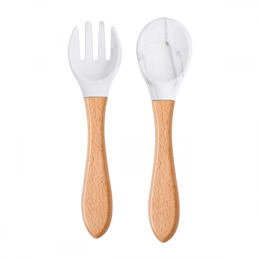 Silicone wooden feeding spoon fork set