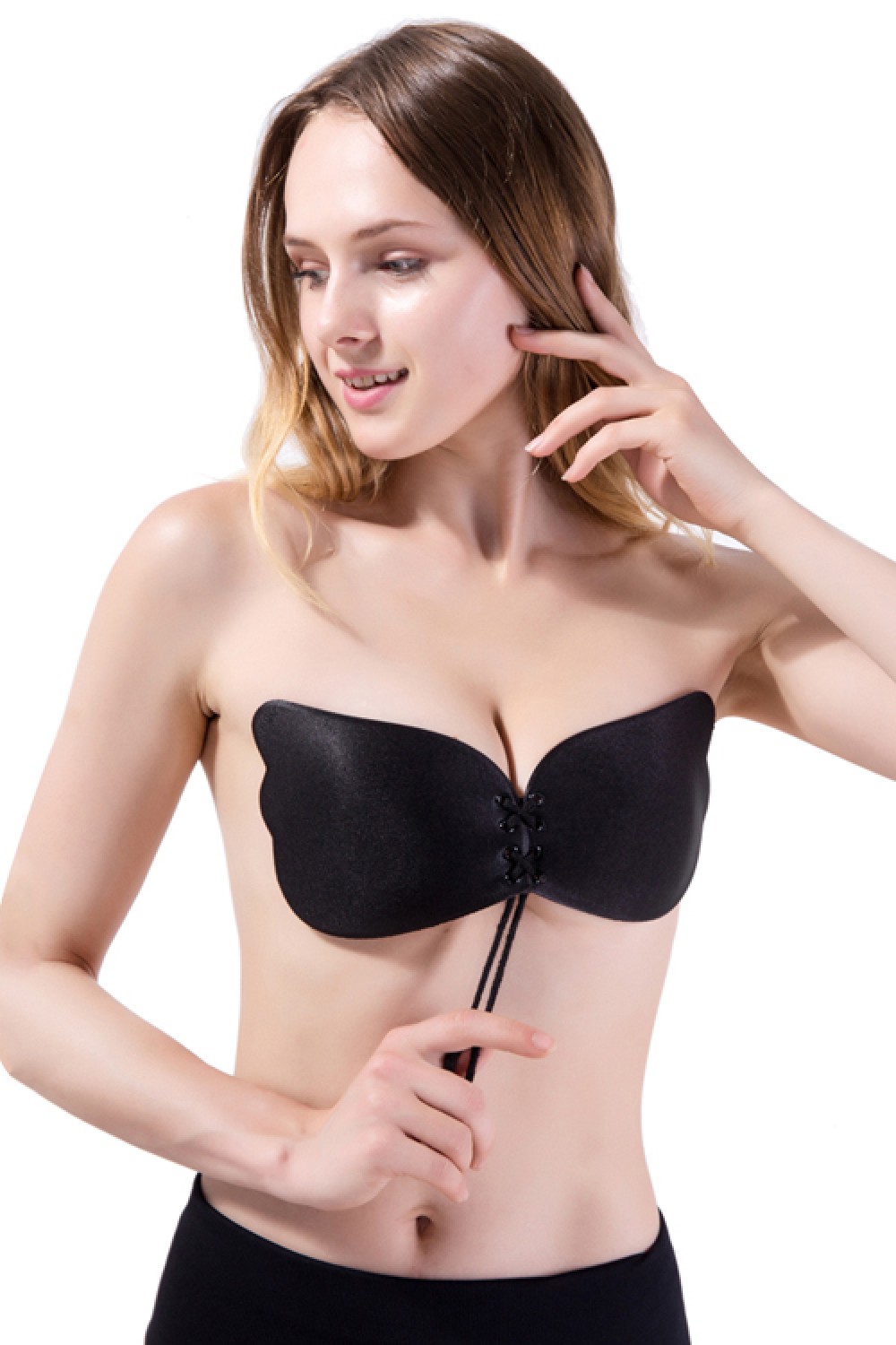 Chic Black Strapless Invisible Backless Drawstring Front Bra