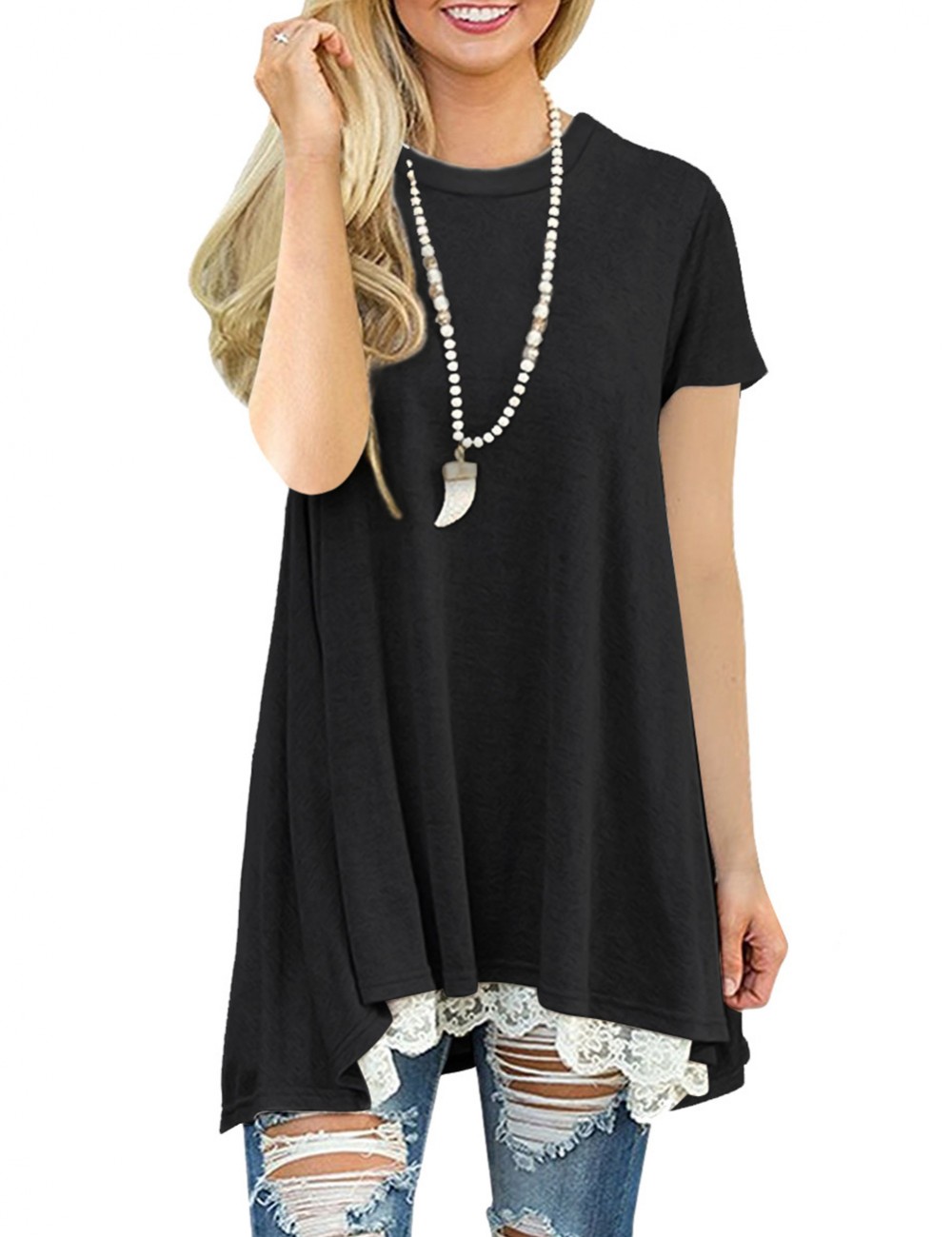 Leisure Black Short Sleeves T-Shirt Splicing Lace Hem