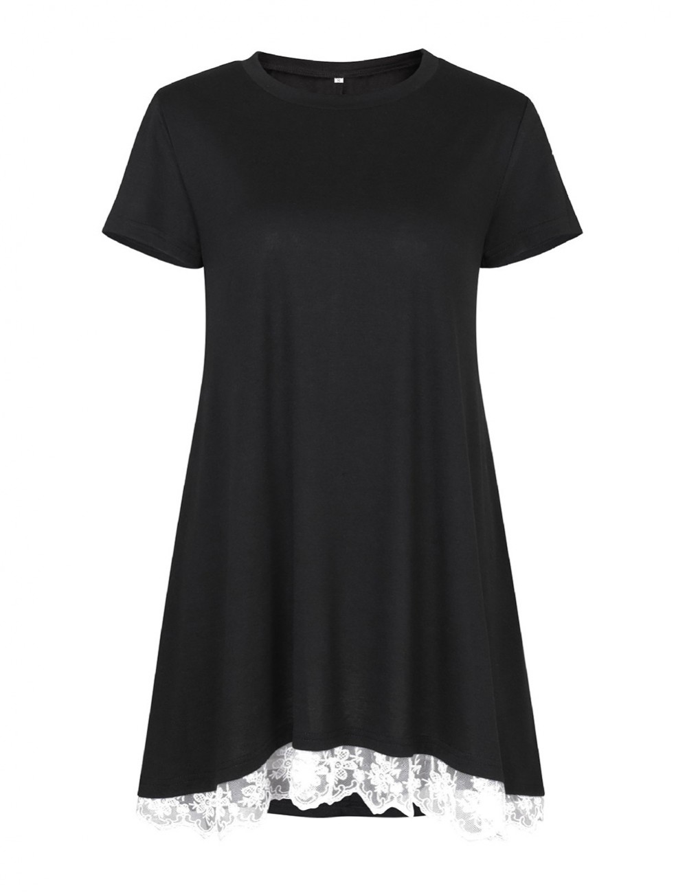 Leisure Black Short Sleeves T-Shirt Splicing Lace Hem