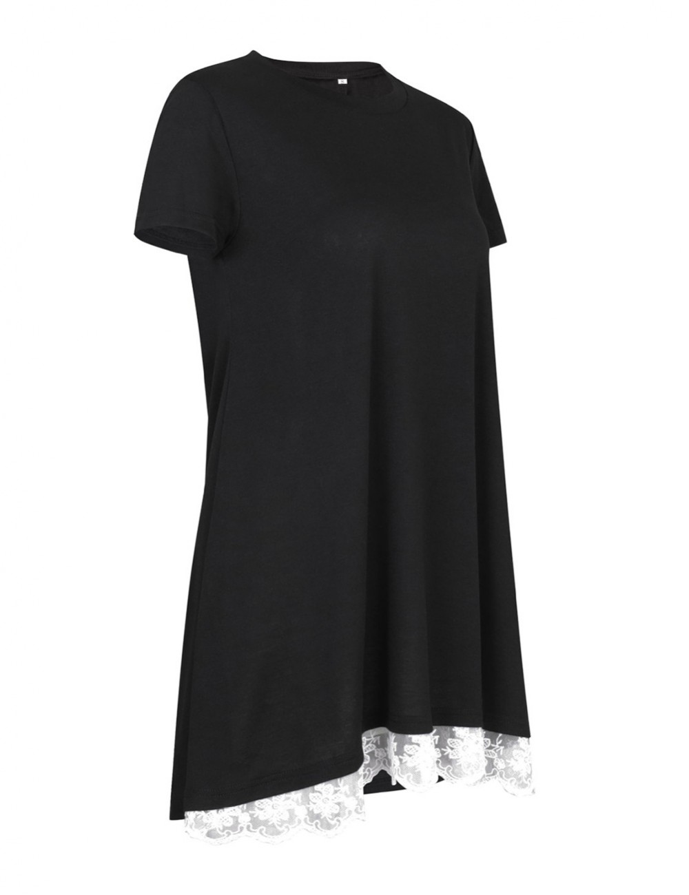 Leisure Black Short Sleeves T-Shirt Splicing Lace Hem