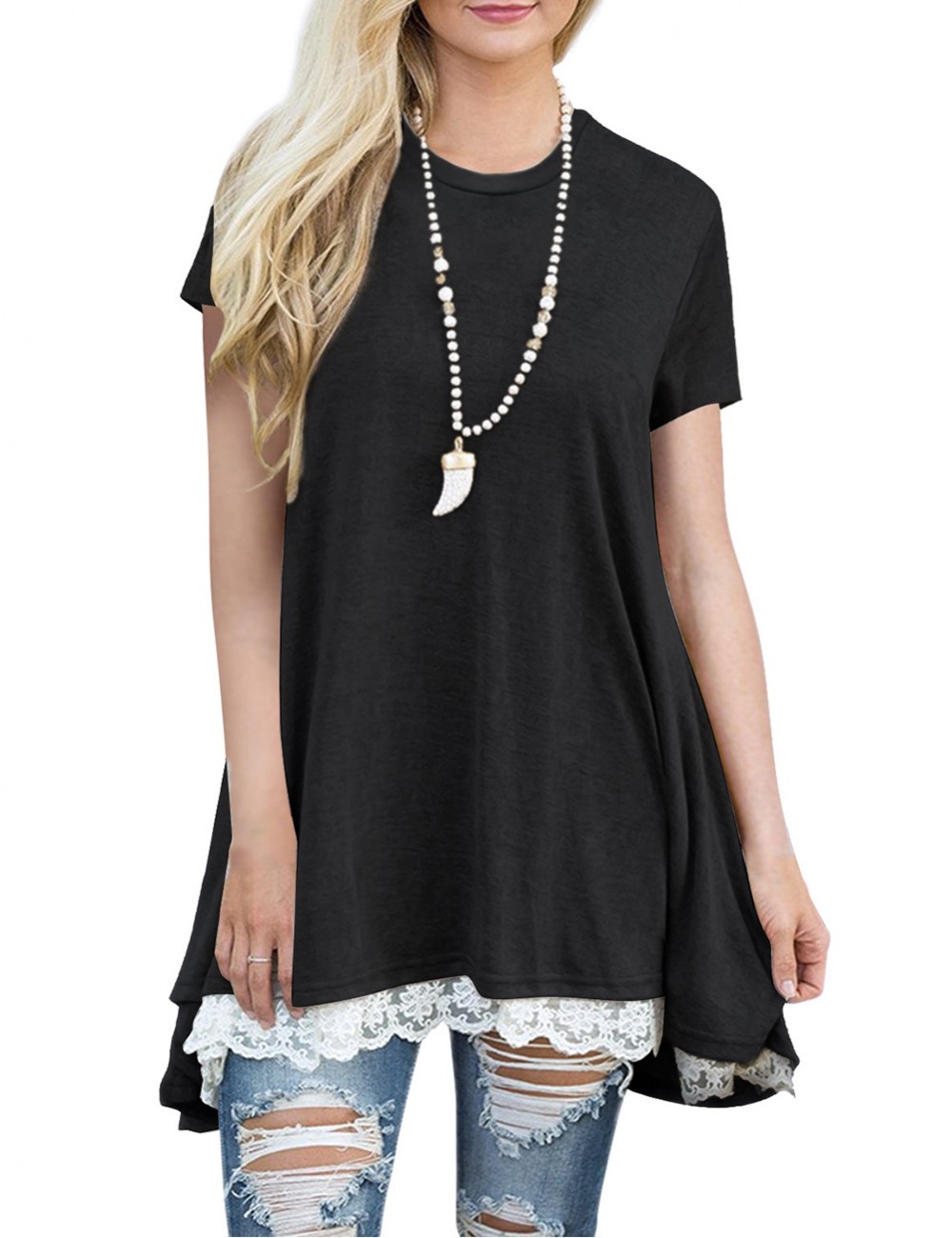 Leisure Black Short Sleeves T-Shirt Splicing Lace Hem