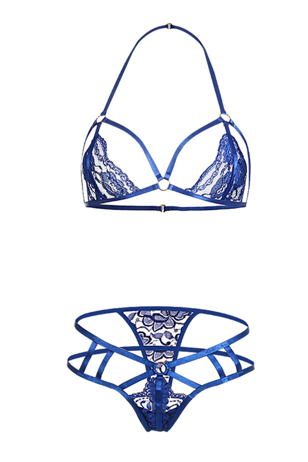 Alluring Blue Strappy Lace Halter Top Bralette Set Clasp