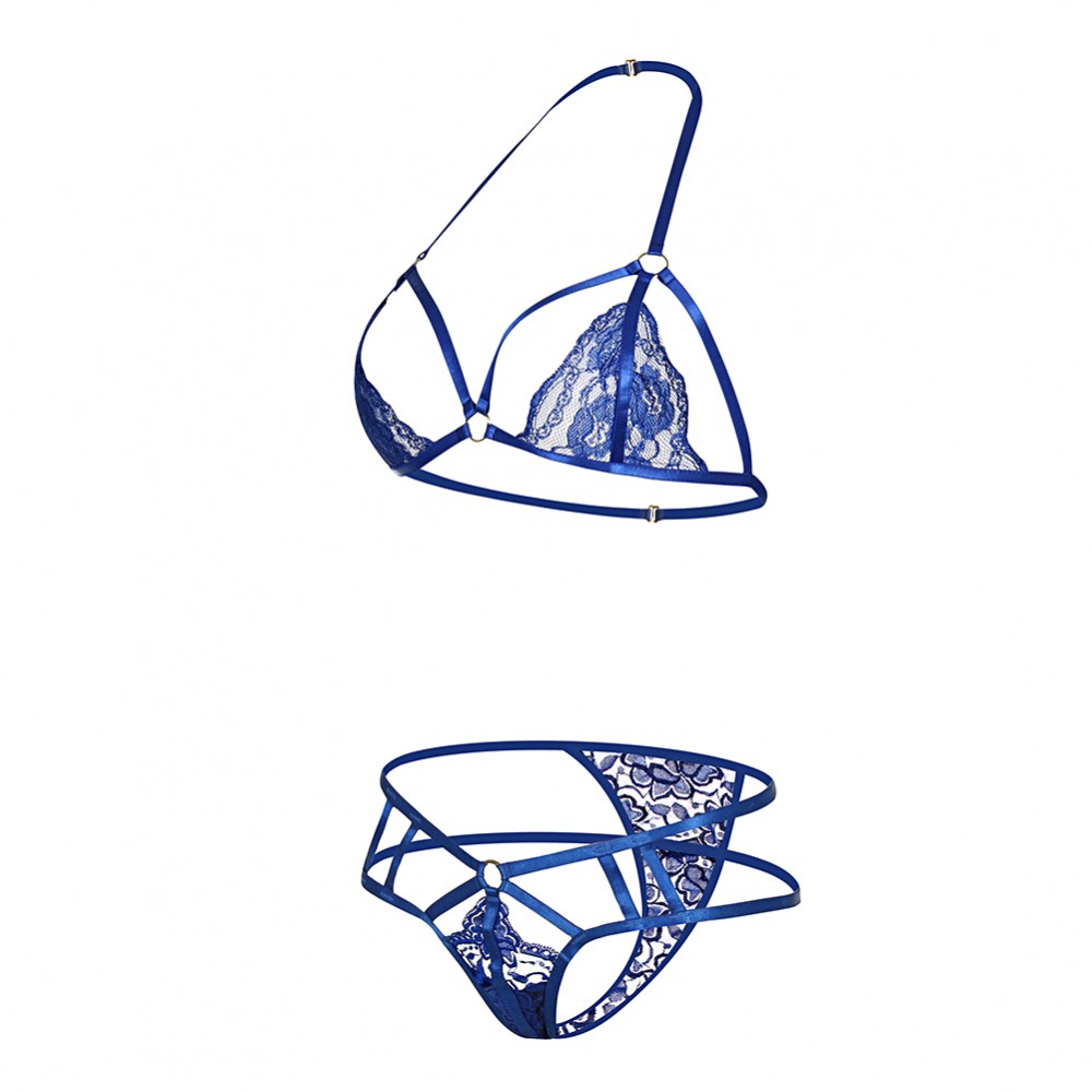 Alluring Blue Strappy Lace Halter Top Bralette Set Clasp