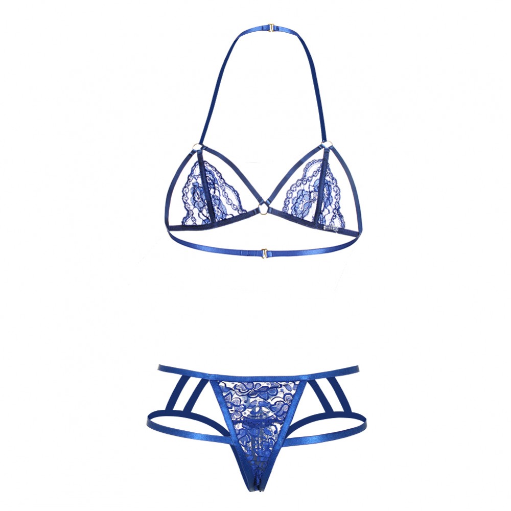 Alluring Blue Strappy Lace Halter Top Bralette Set Clasp