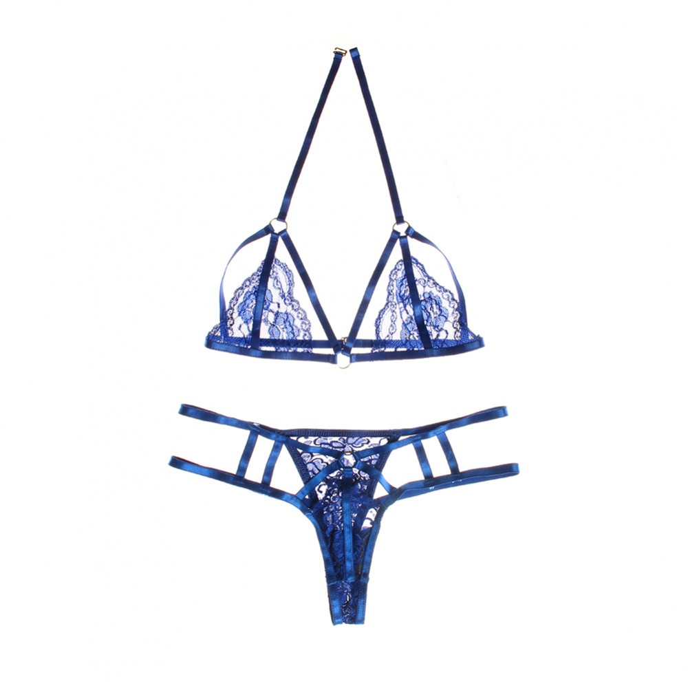 Alluring Blue Strappy Lace Halter Top Bralette Set Clasp