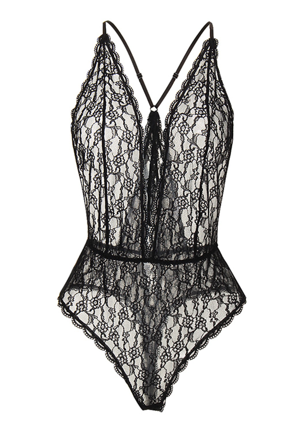 Captivating Floral Lace Plunge Neckline Black Teddy