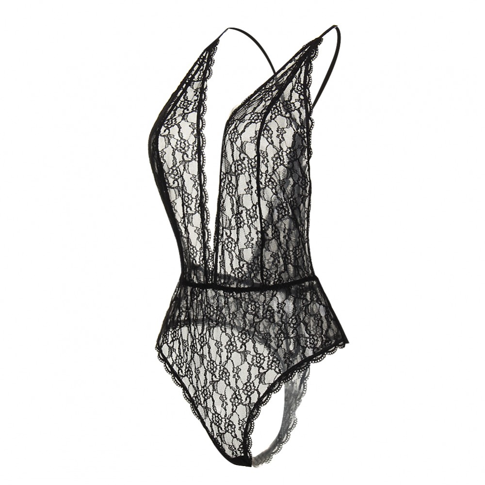 Captivating Floral Lace Plunge Neckline Black Teddy