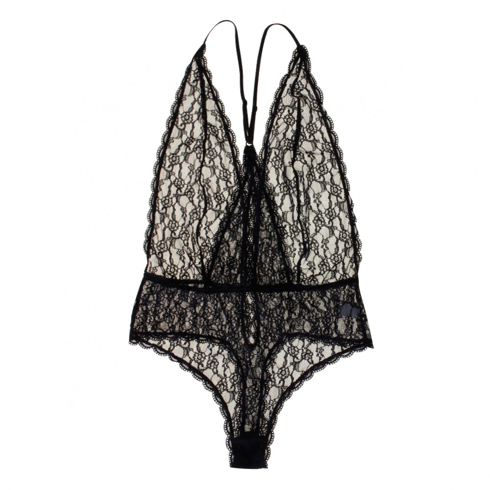 Captivating Floral Lace Plunge Neckline Black Teddy