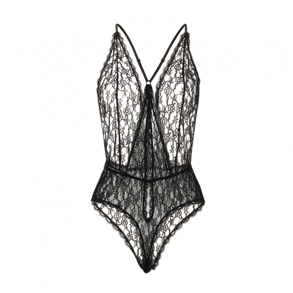 Captivating Floral Lace Plunge Neckline Black Teddy