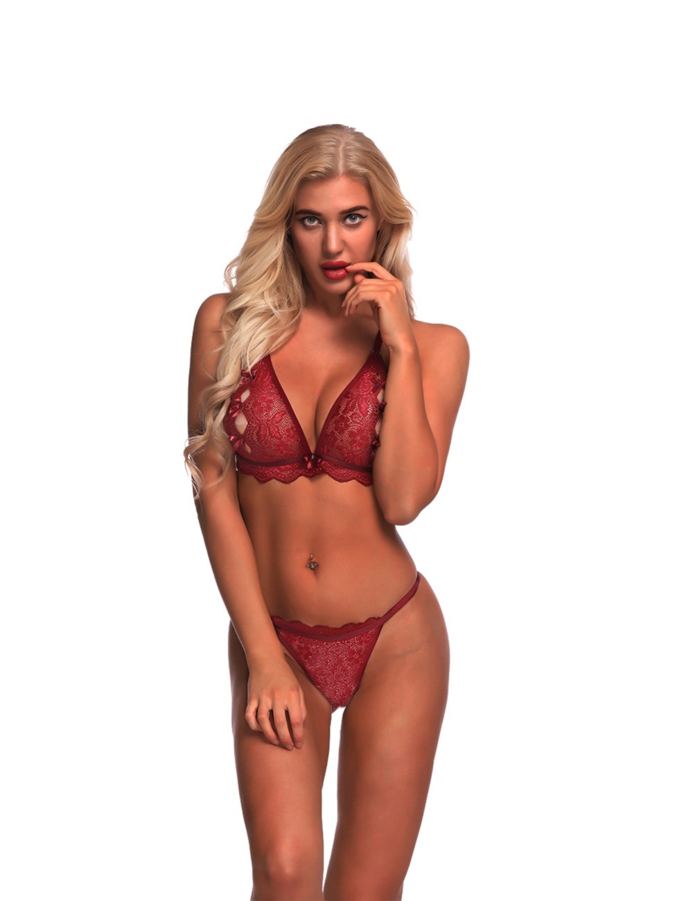 Evening Romance Wine Red G-String Triangle Cup See Through Bra Sets