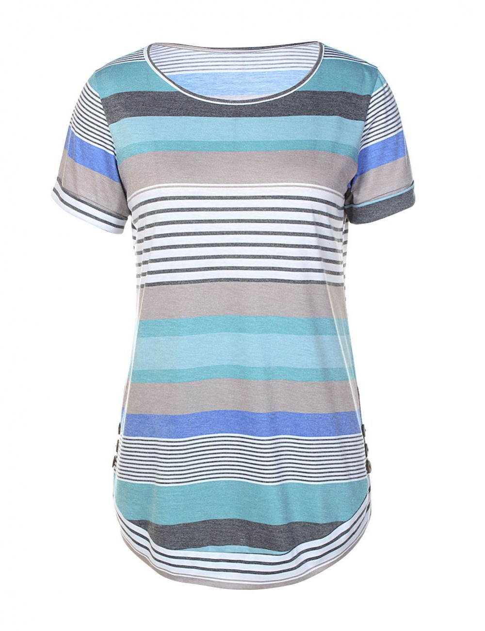 Slouchy Side Button Blue Detail Short T-Shirt Stripe Splicing Streetstyle