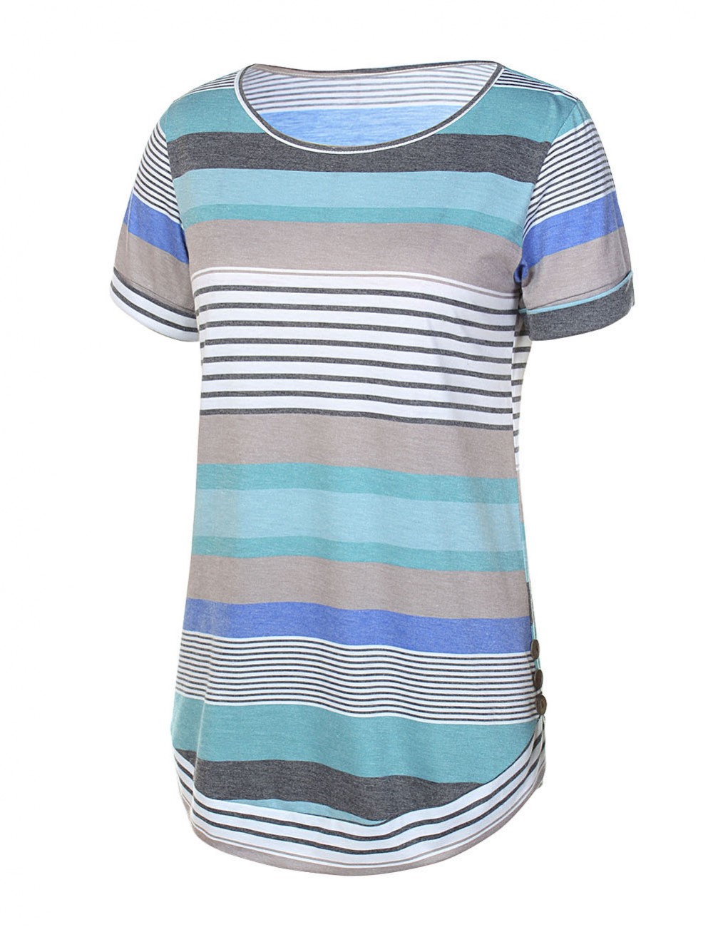 Slouchy Side Button Blue Detail Short T-Shirt Stripe Splicing Streetstyle