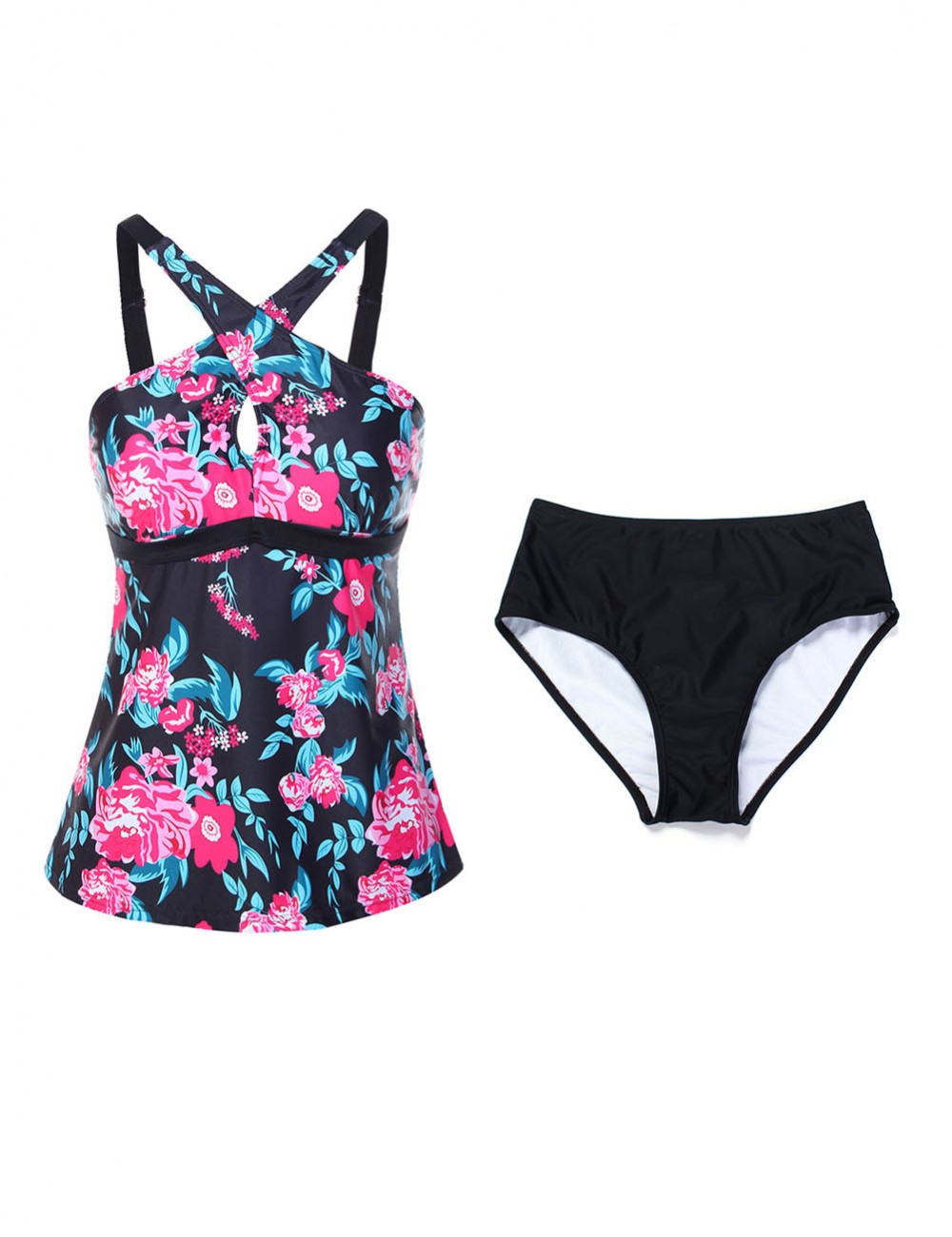 Astonishing Crossover Neck Print Tankini Set Lady Swimwear Open Back