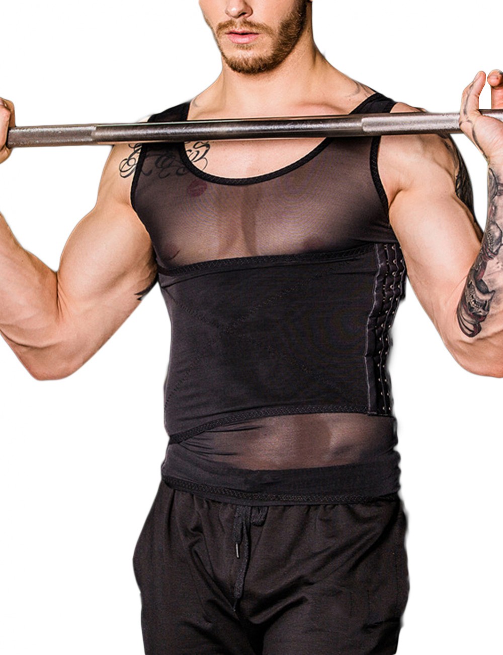 Black Men Mesh Cami Top Crossover Pull Back Crew Neck Best Tummy