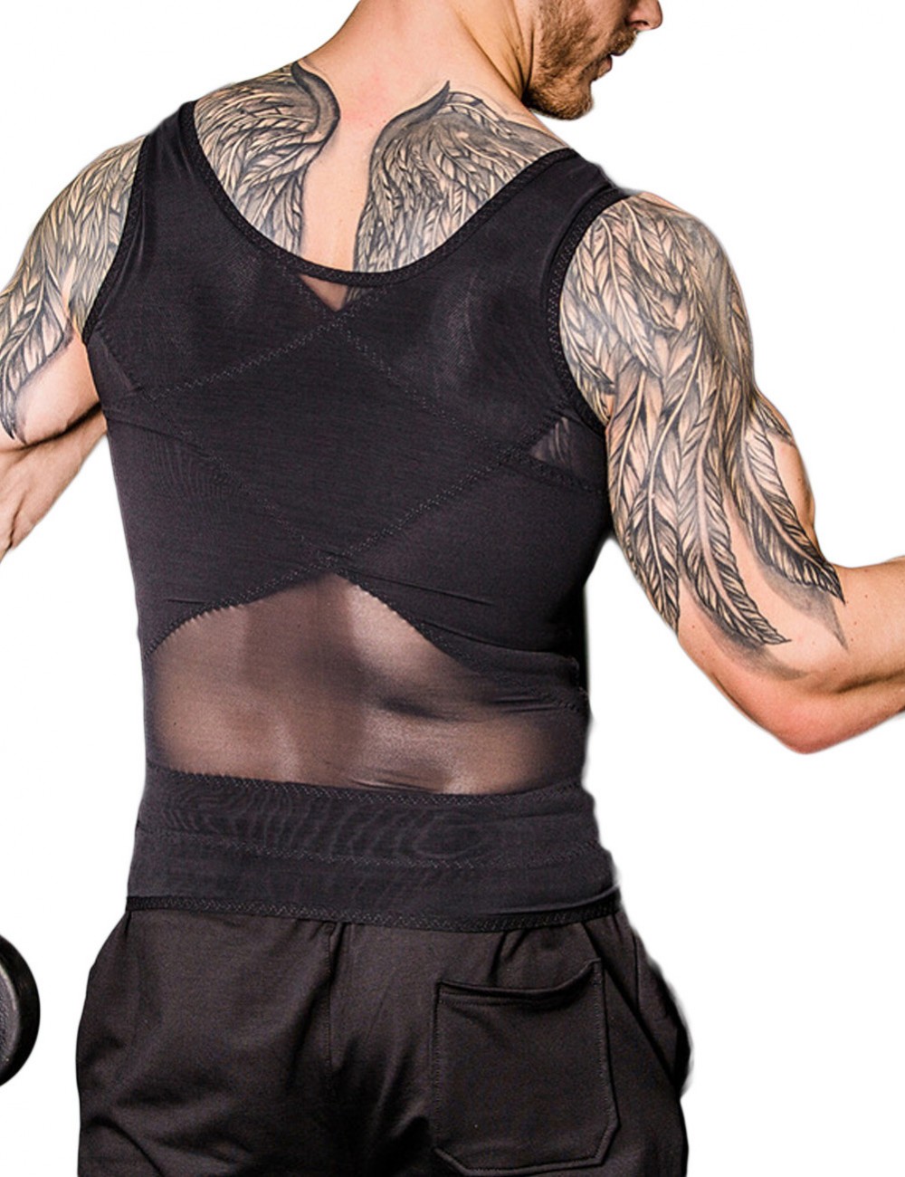 Black Men Mesh Cami Top Crossover Pull Back Crew Neck Best Tummy