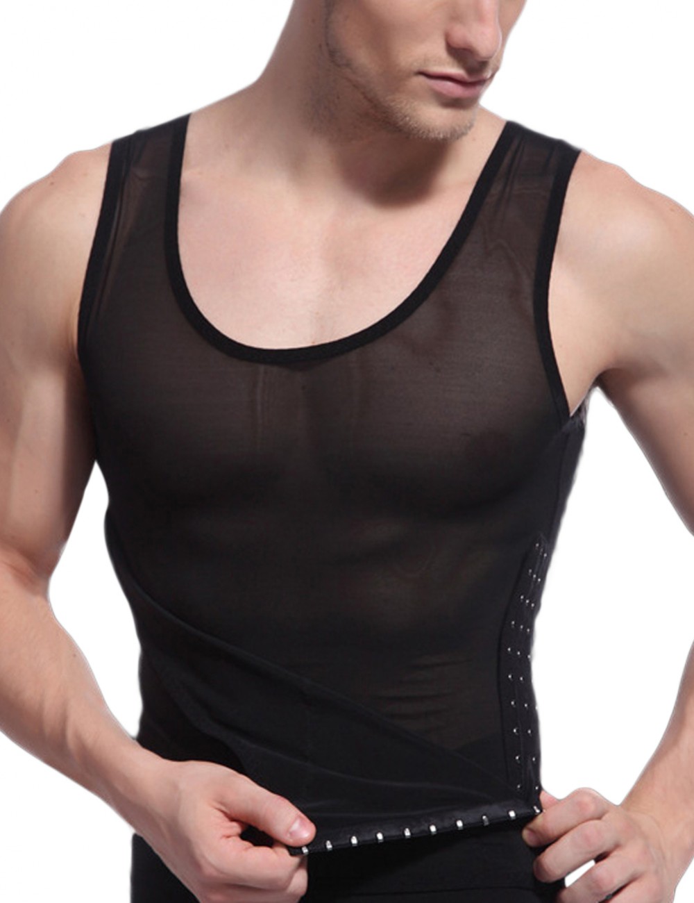 Black Men Mesh Cami Top Crossover Pull Back Crew Neck Best Tummy