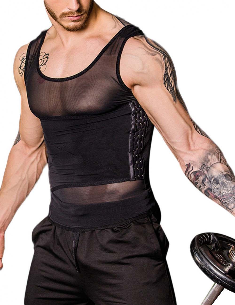 Black Men Mesh Cami Top Crossover Pull Back Crew Neck Best Tummy