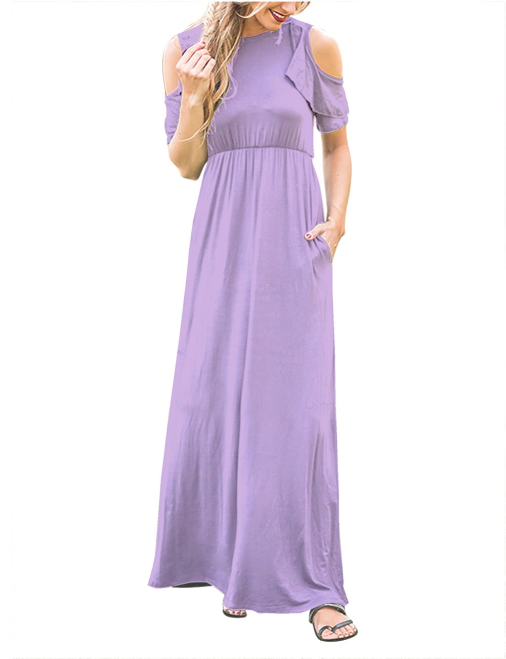 Round Neck Light Purple Maxi Dress Cold Shoulder Fashion Style