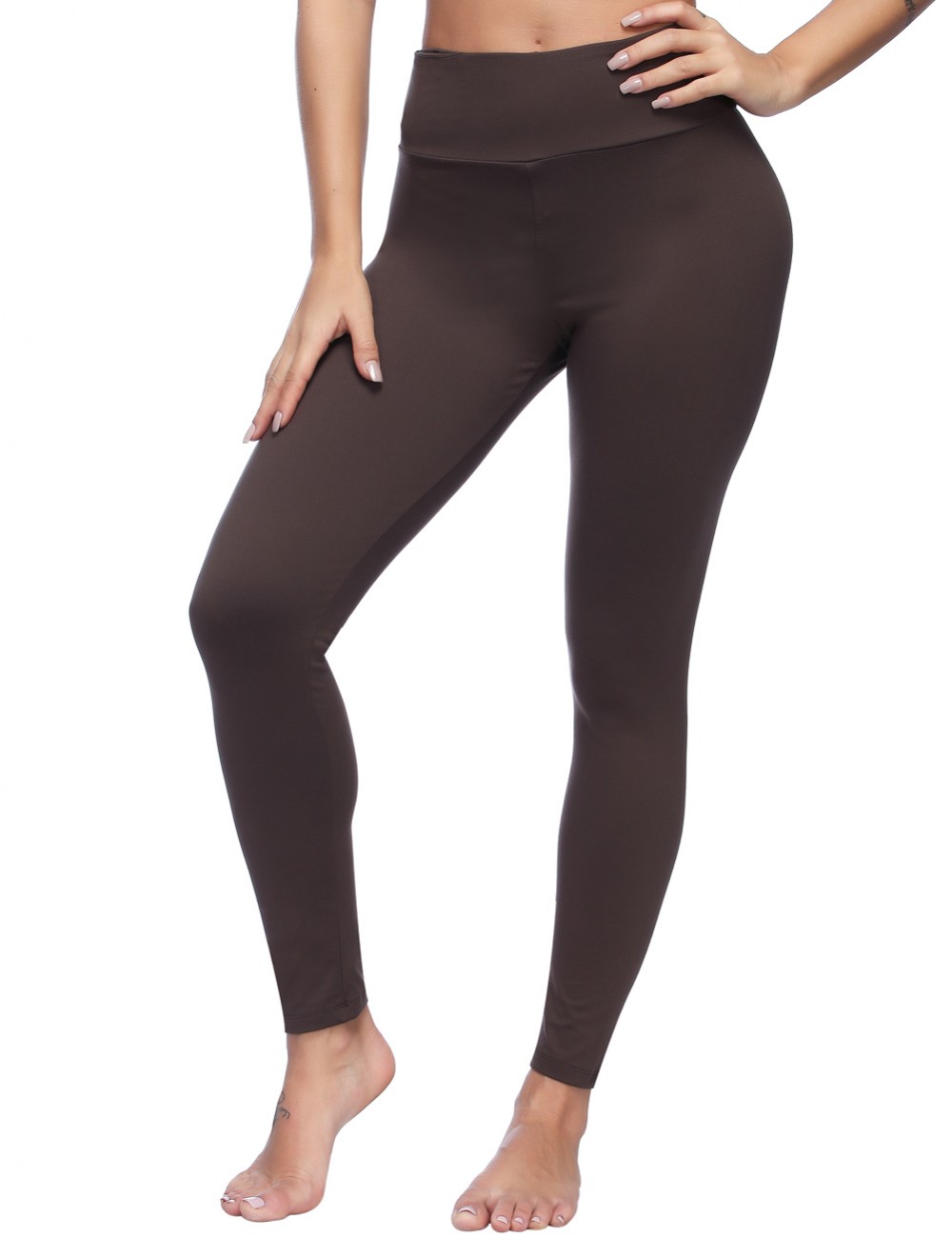 Elastic Brown High Waist Brushed Leggings With Pocket For Girl
