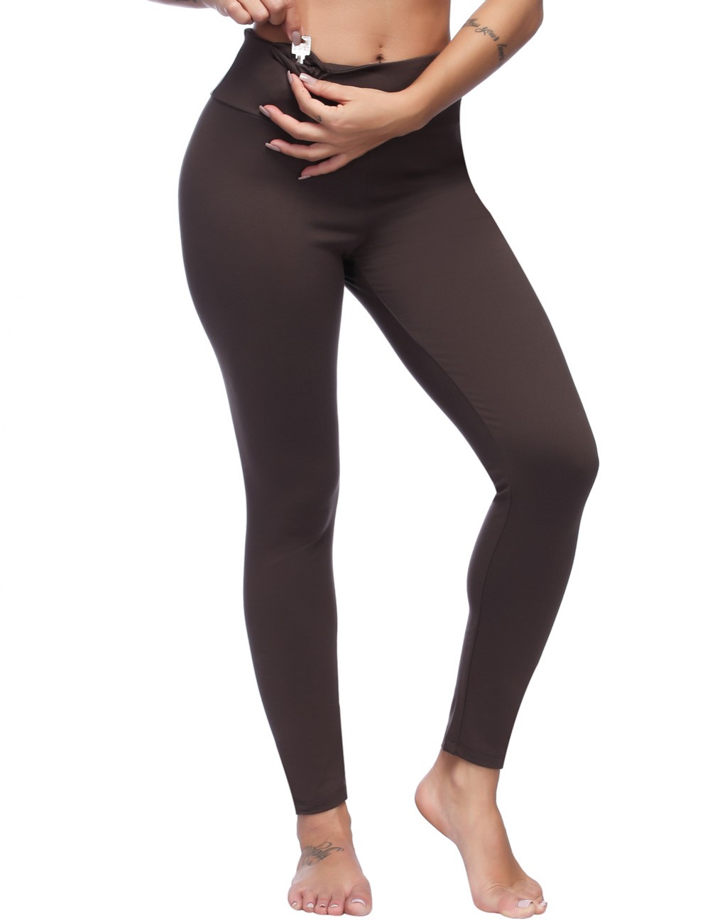 Elastic Brown High Waist Brushed Leggings With Pocket For Girl
