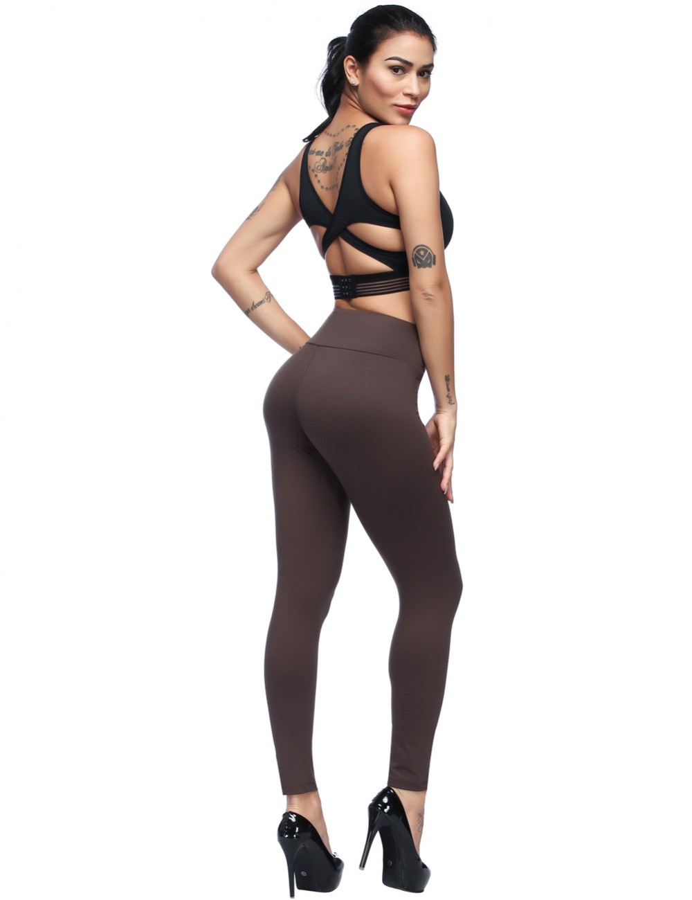 Elastic Brown High Waist Brushed Leggings With Pocket For Girl