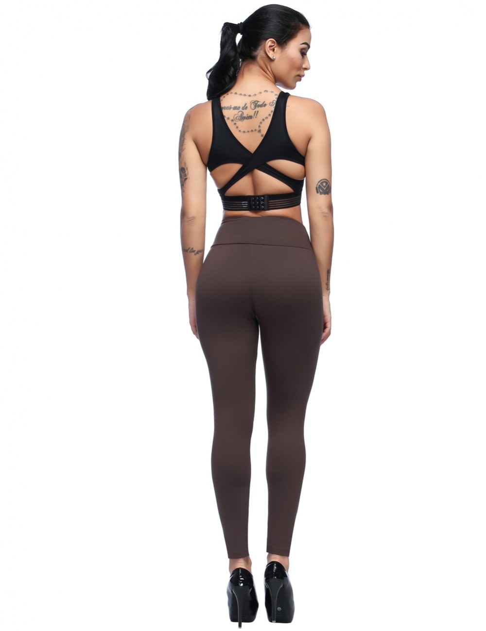 Elastic Brown High Waist Brushed Leggings With Pocket For Girl