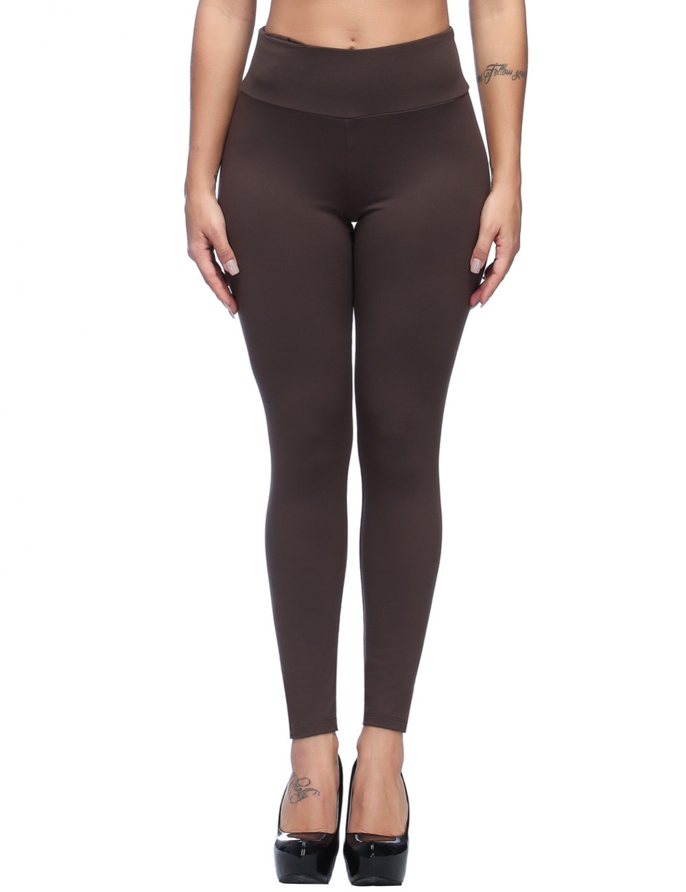 Elastic Brown High Waist Brushed Leggings With Pocket For Girl
