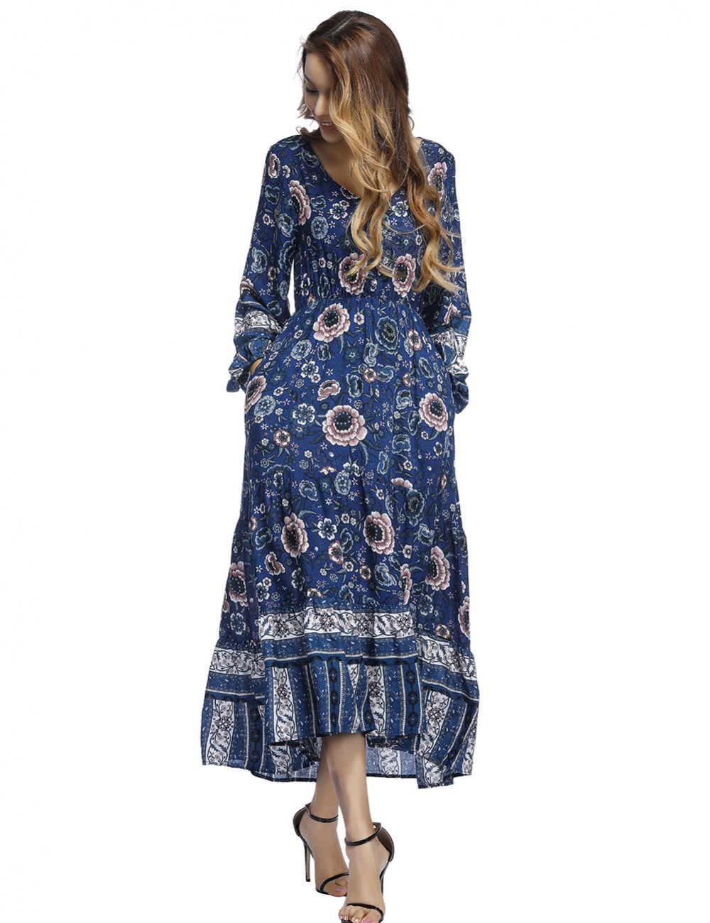 Blue Lantern Sleeve Floral Maxi Dress Decor Buttons For Women