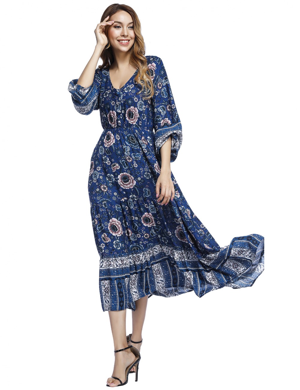 Blue Lantern Sleeve Floral Maxi Dress Decor Buttons For Women
