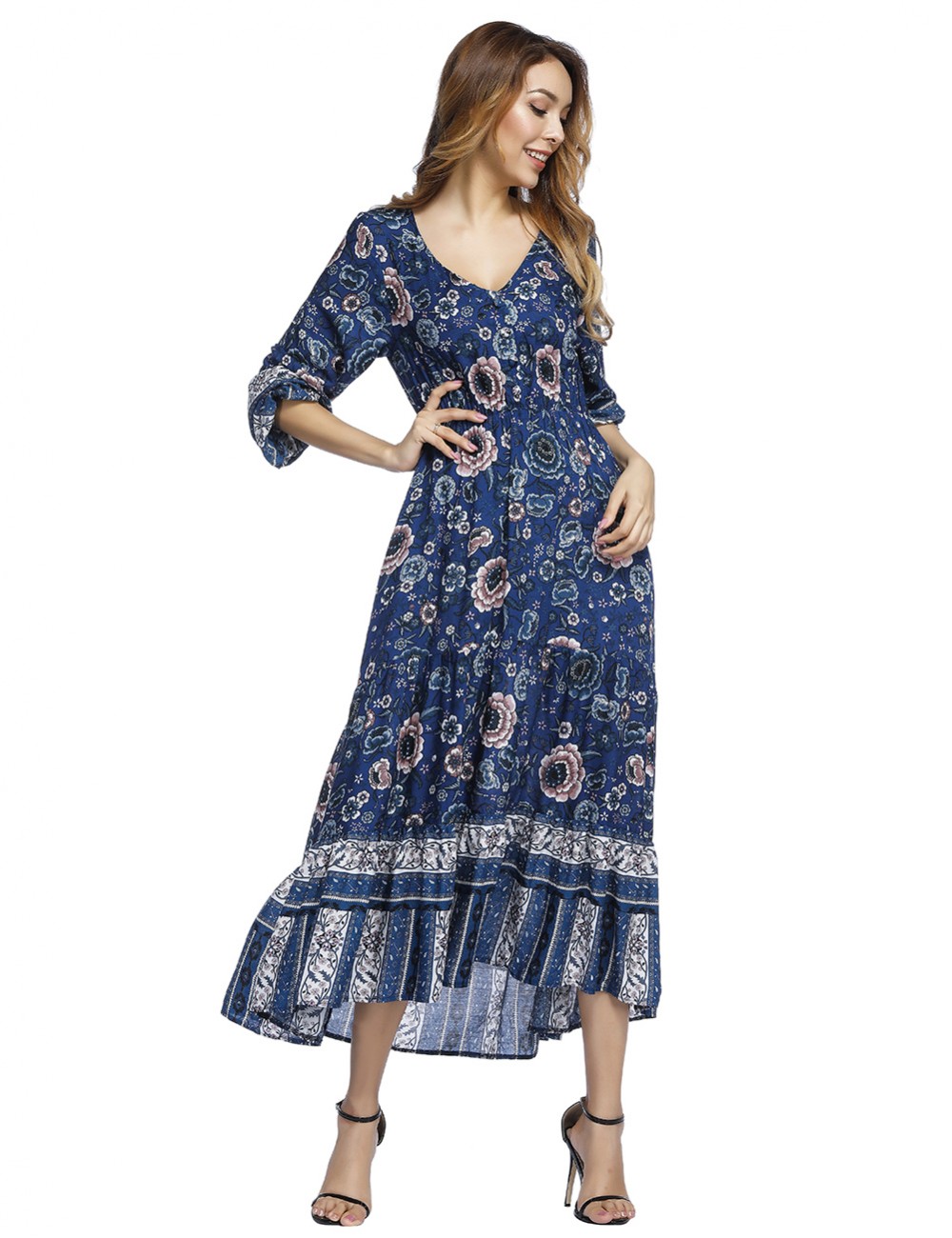 Blue Lantern Sleeve Floral Maxi Dress Decor Buttons For Women