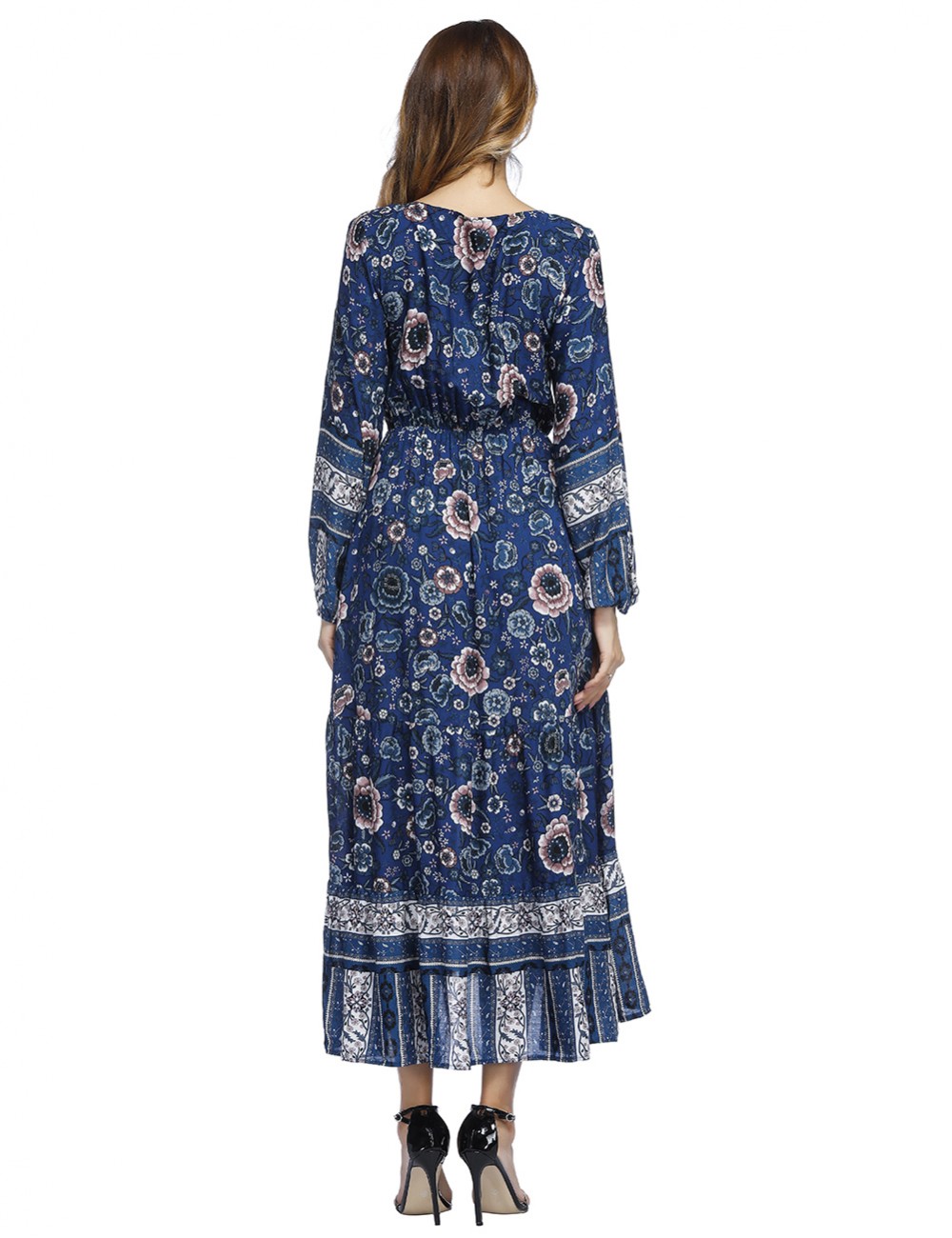 Blue Lantern Sleeve Floral Maxi Dress Decor Buttons For Women