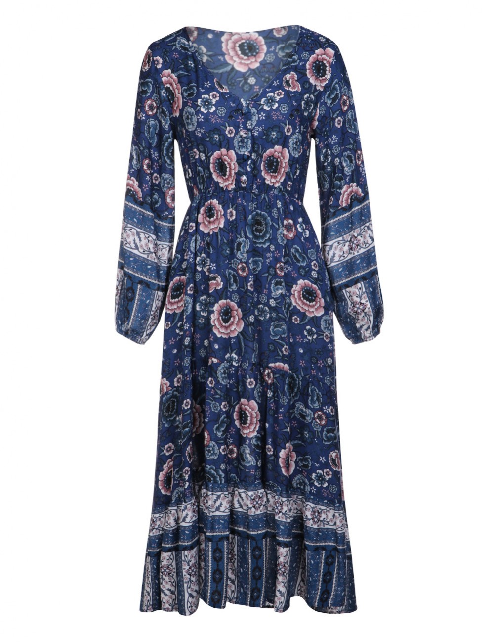 Blue Lantern Sleeve Floral Maxi Dress Decor Buttons For Women